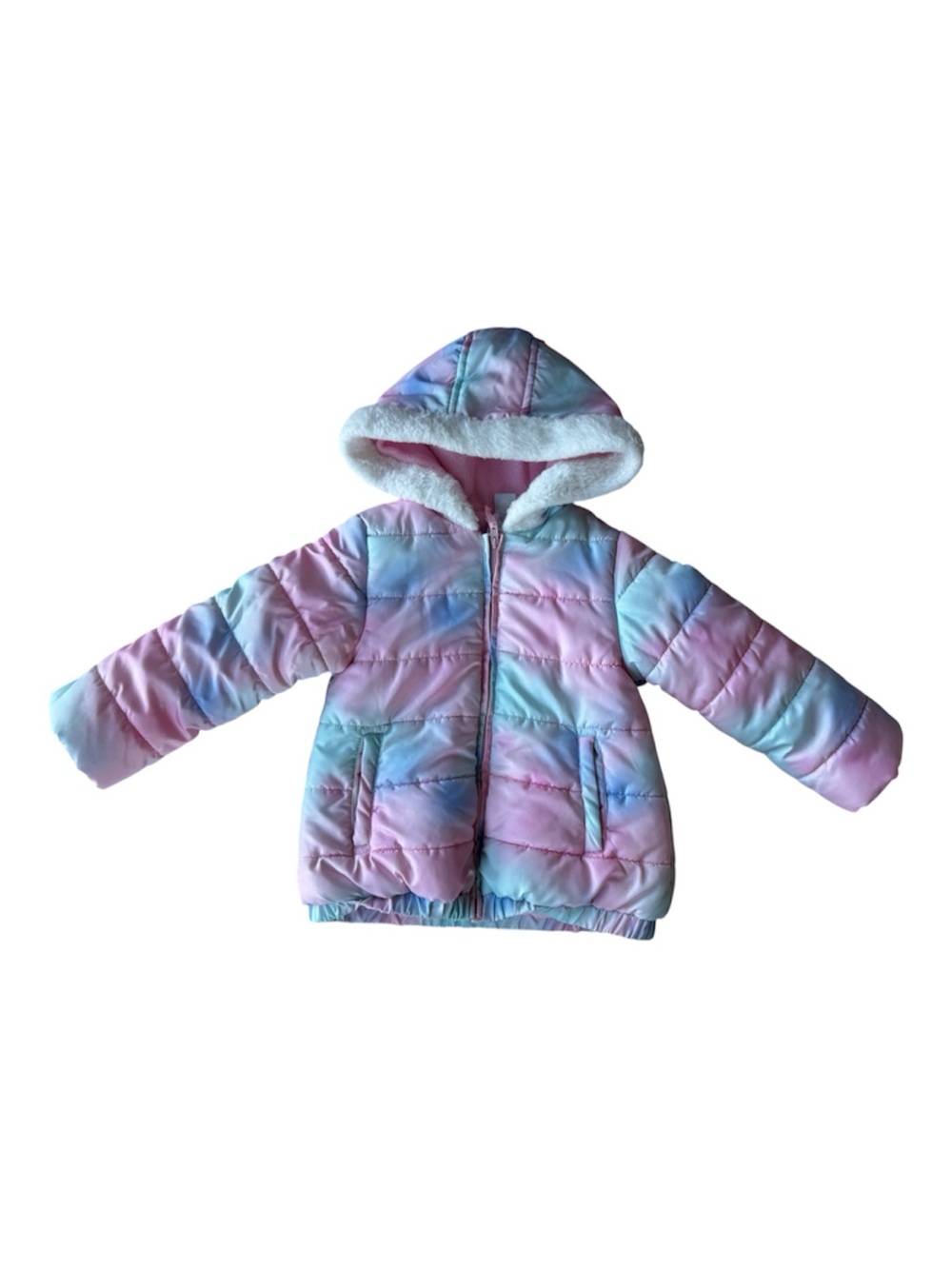Little Me Pastel Tie Dye Hooded Puffer Jacket Fleece Lined Faux Fur 3T